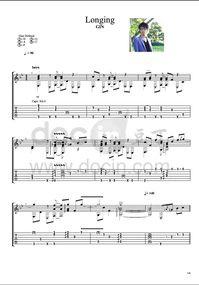 longing指弹谱 原调六线谱_豆丁网编配_GIN
