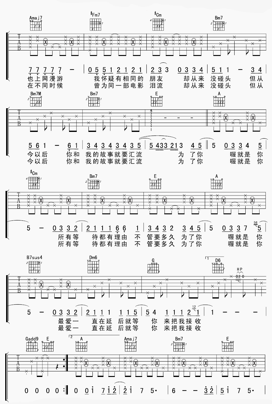 为了认识你吉他谱 B调六线谱_许榕编配_周笔畅