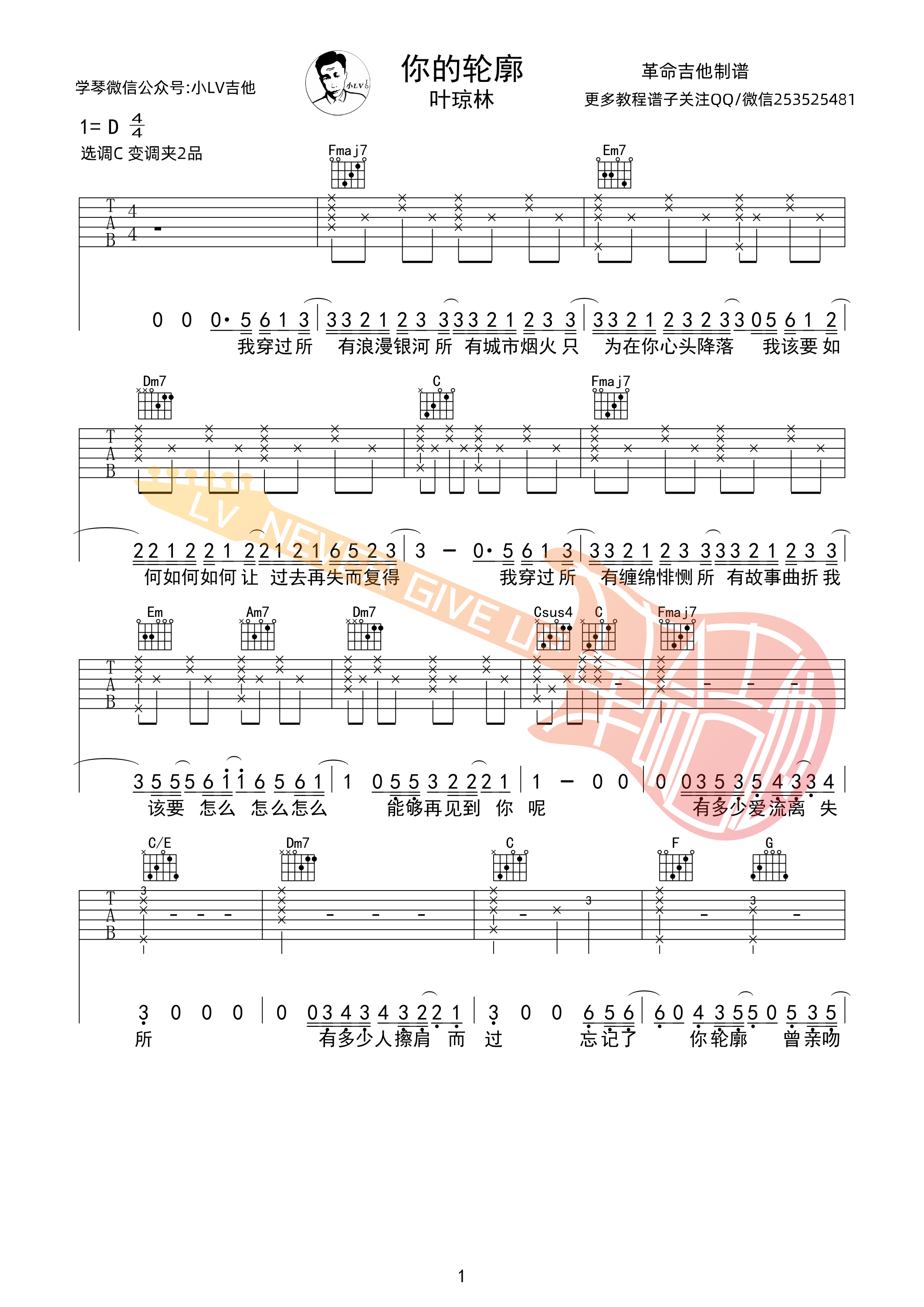 你的轮廓吉他谱 D调女生版_革命吉他编配_叶琼林
