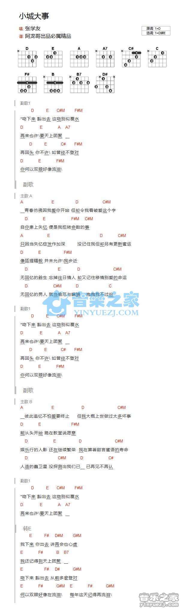 小城大事吉他谱 E调和弦谱_音乐之家编配_张学友