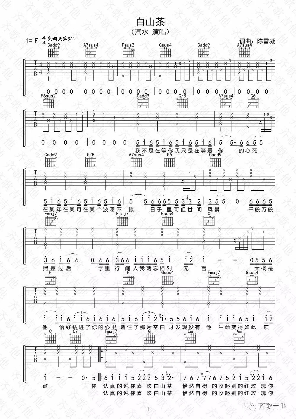 白山茶吉他谱 F调_齐哥吉他编配_变调夹5品_陈雪凝