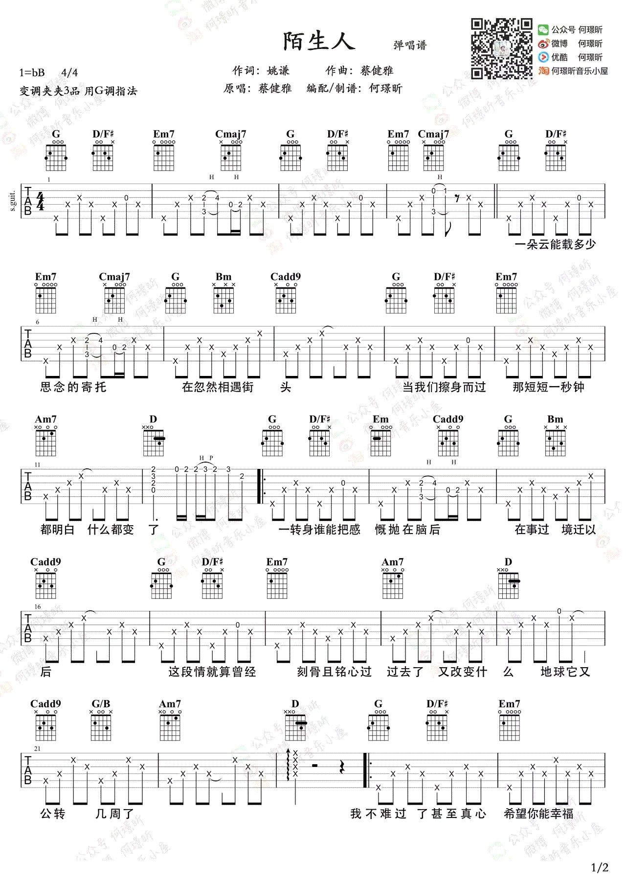 陌生人吉他谱 G调精选版_何璟盺编配_蔡健雅