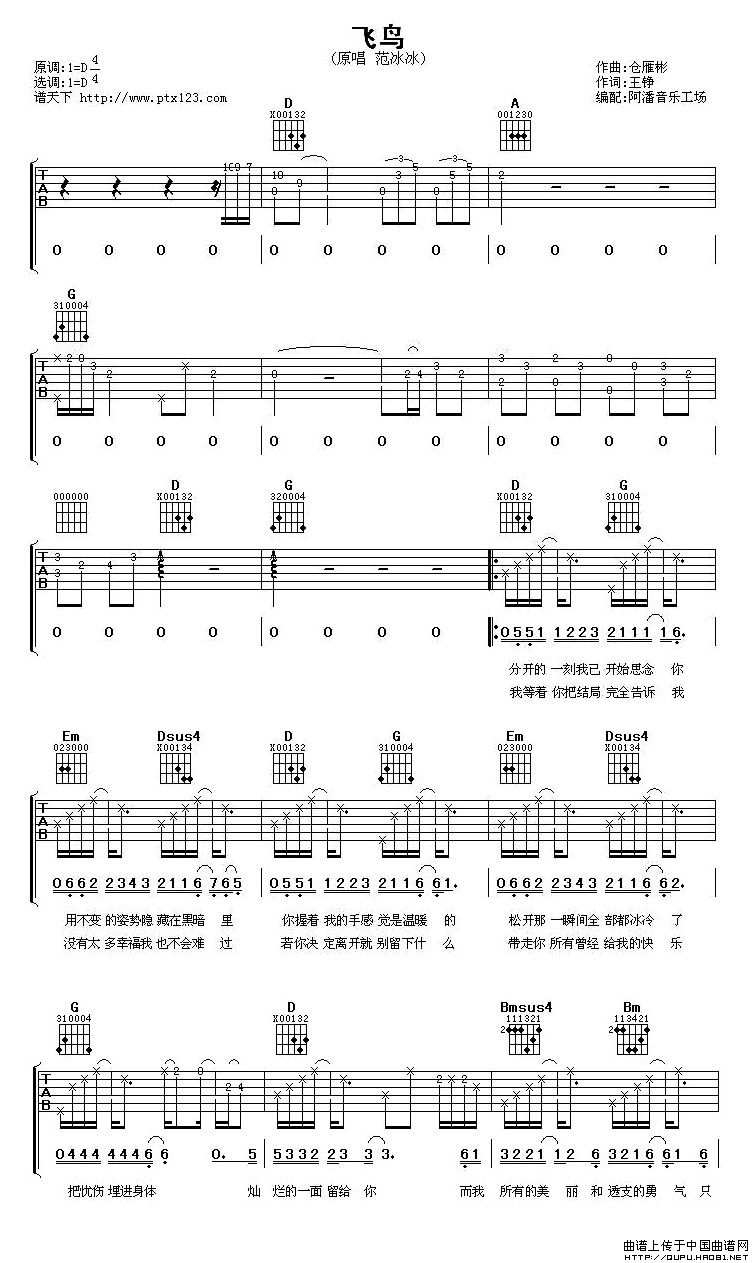飞鸟吉他谱 D调六线谱_阿潘音乐工场编配_范冰冰