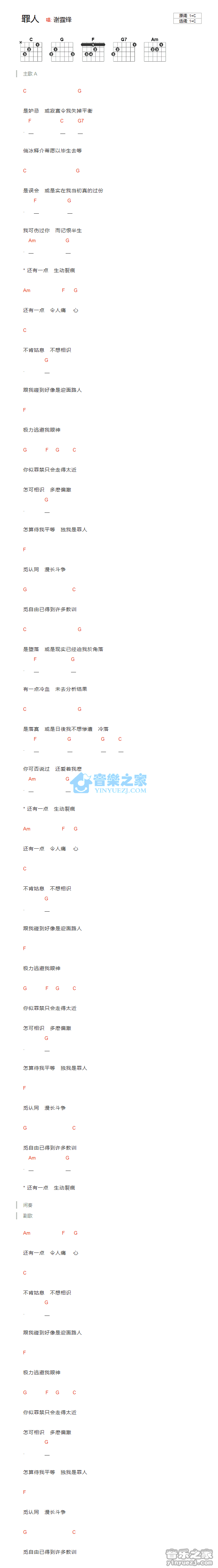 罪人吉他谱 C调和弦谱_音乐之家编配_谢霆锋