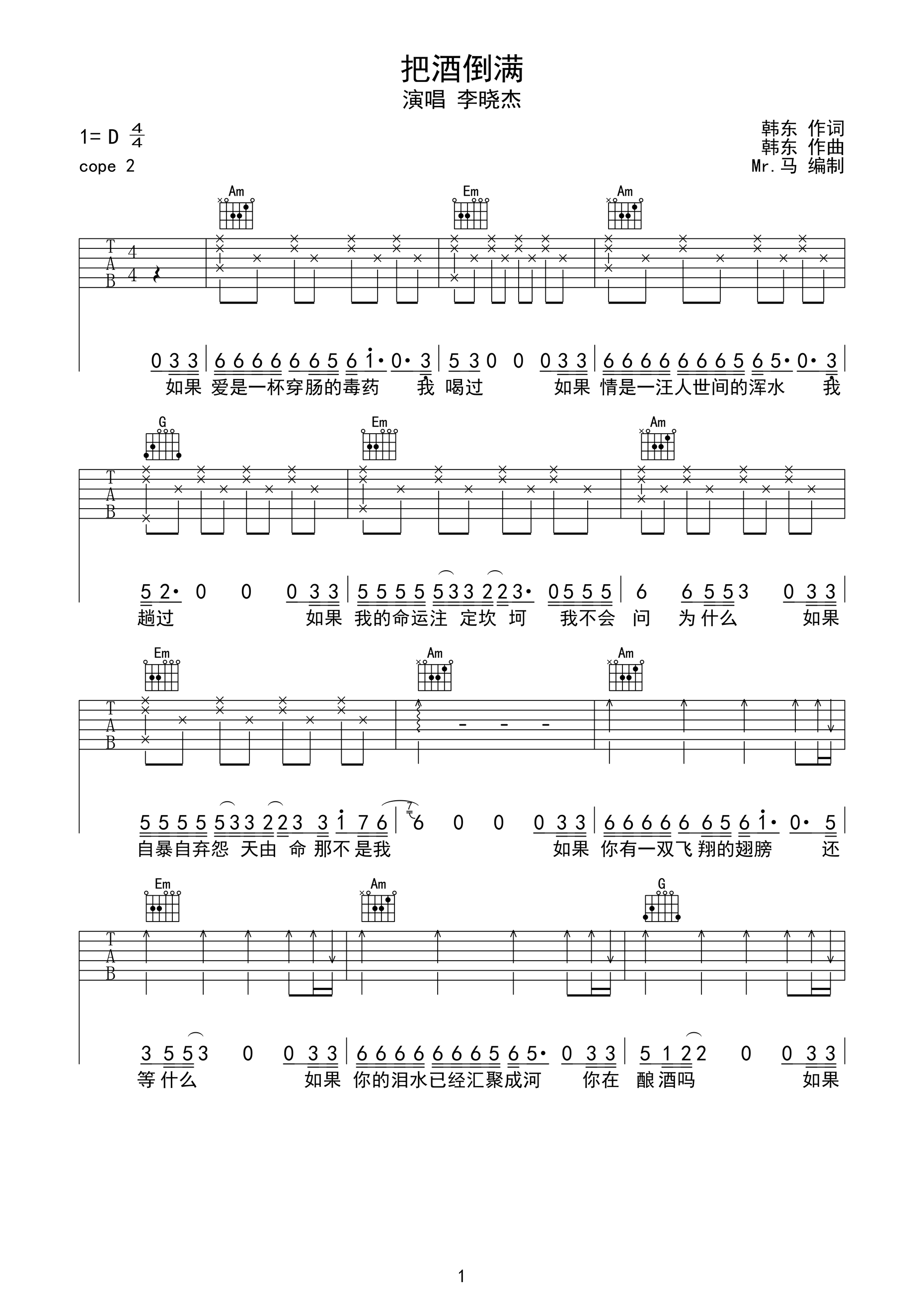 把酒倒满吉他谱 D调六线谱_高清版_李晓杰