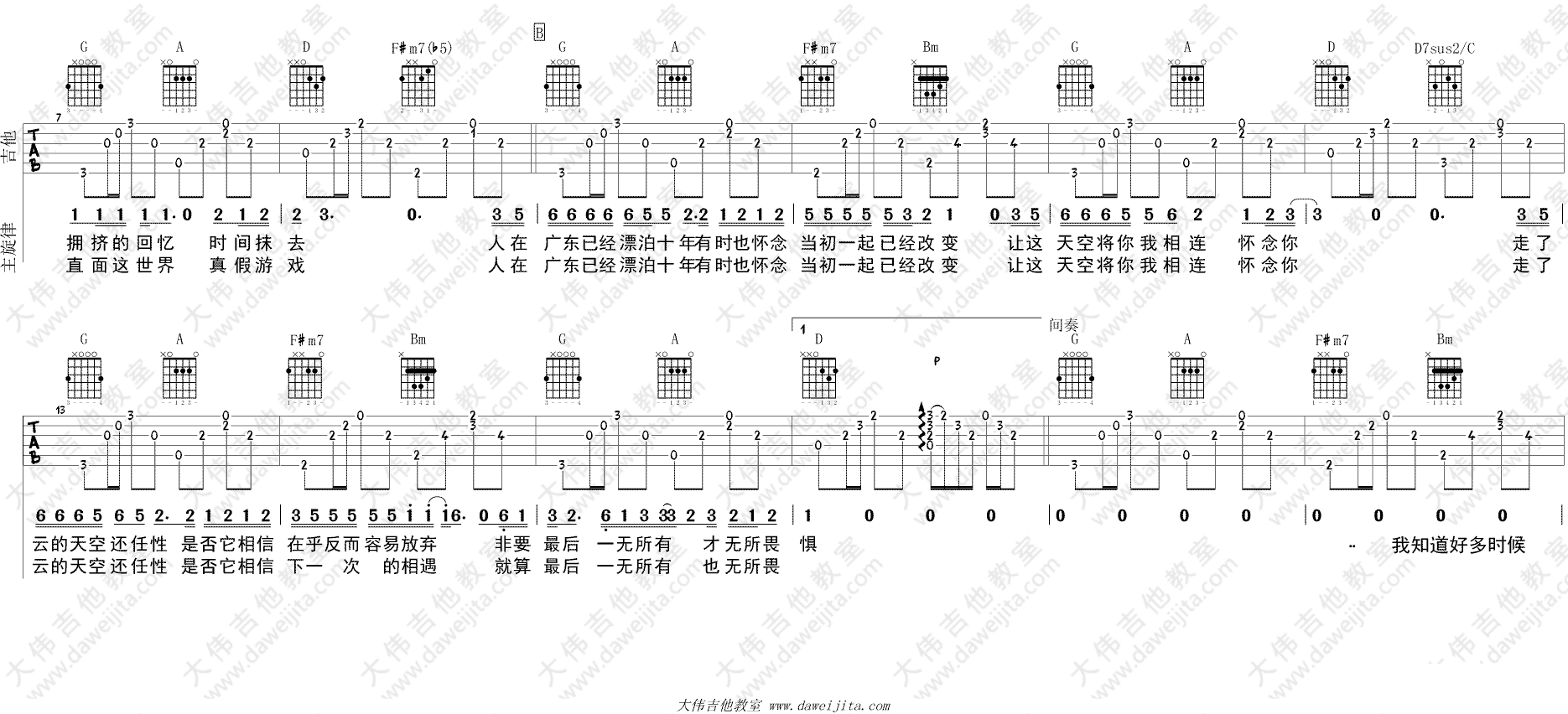 广东爱情故事吉他谱 D调附视频_大伟吉他教室编配_广东雨神
