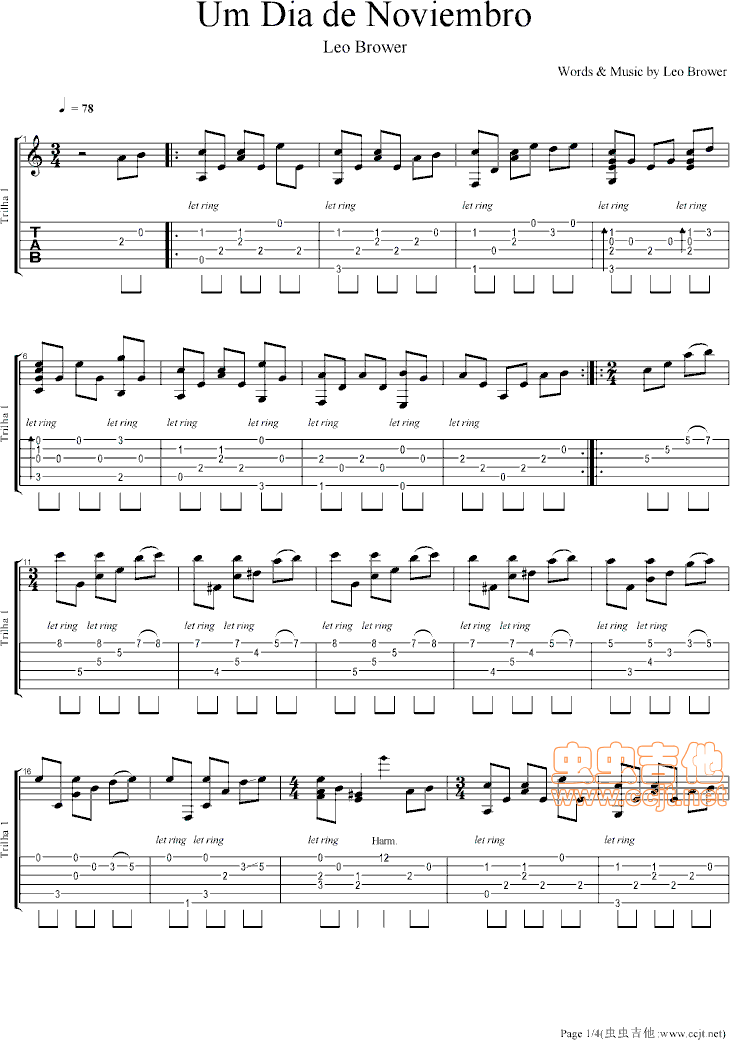 十一月的某一天指弹谱 原调六线谱_虫虫吉他编配_Leo Brower