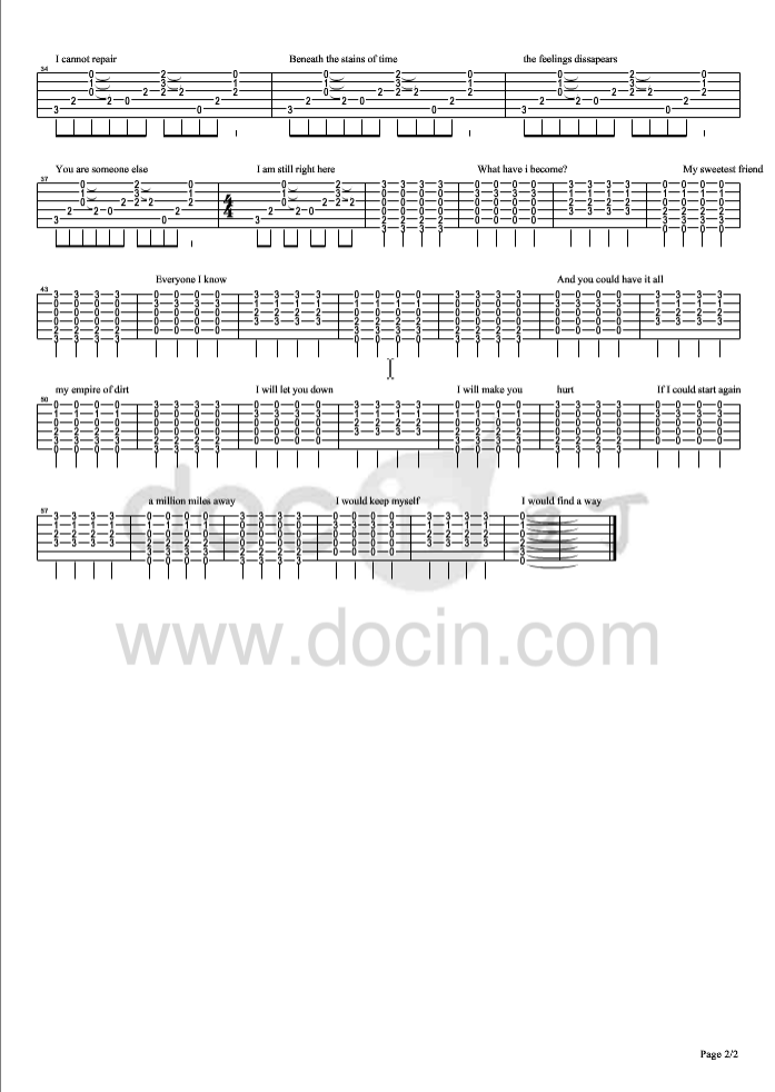 hurt指弹谱 原调六线谱_豆丁网编配_Johnny Cash