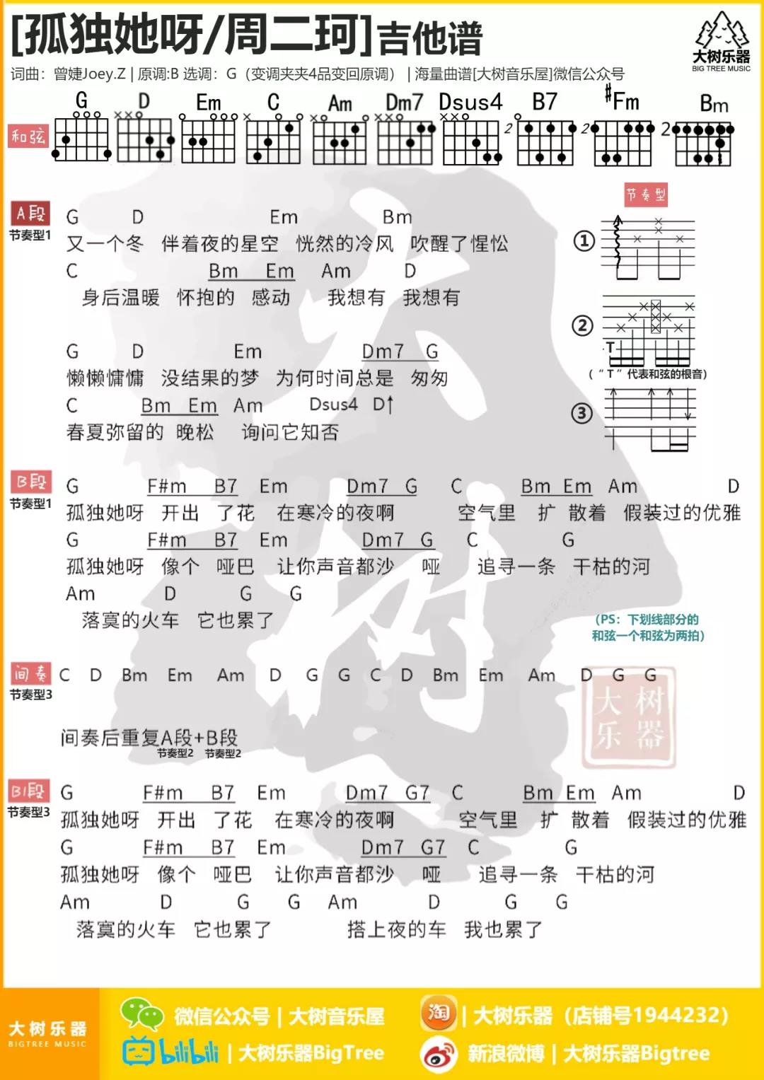 孤独她呀吉他谱 G调和弦谱_大树音乐屋编配_周二珂