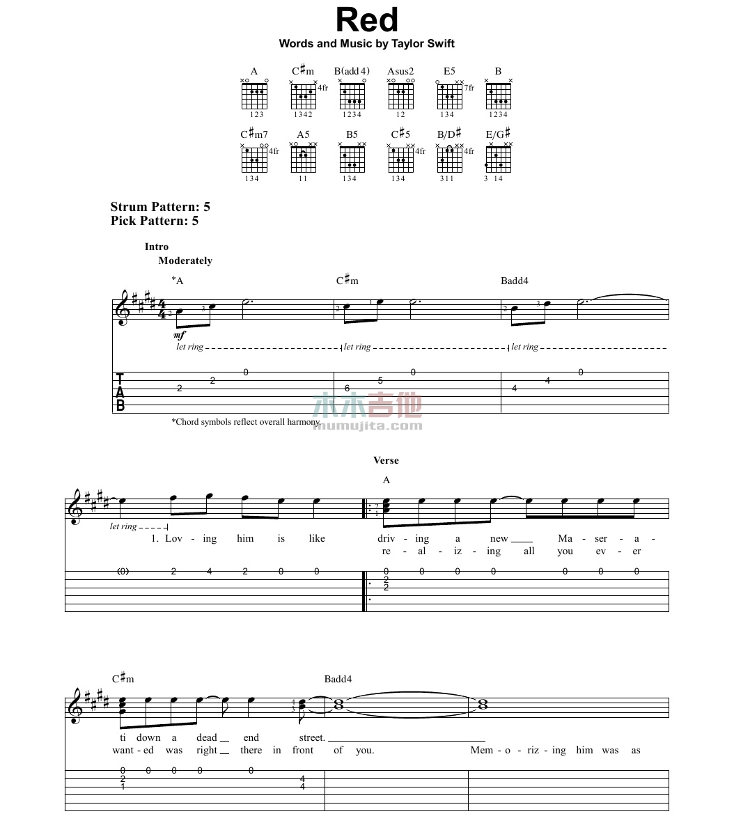 red吉他谱 G调_木木吉他编配_Taylor Swift