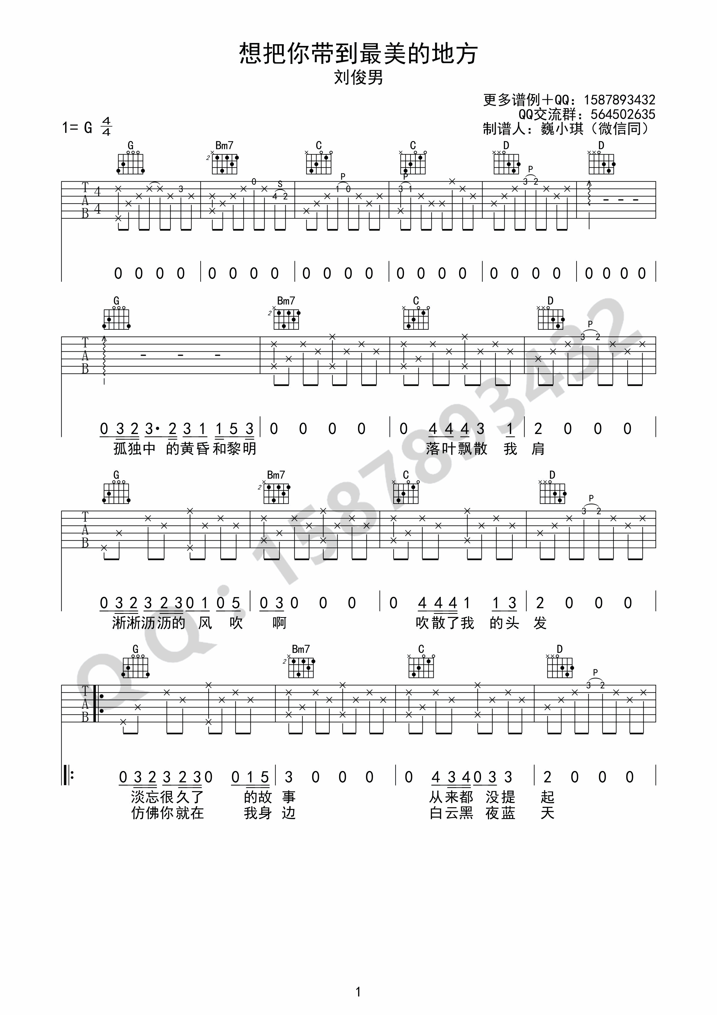 想把你带到最美的地方吉他谱 G调简单版_巍小琪编配_刘俊男