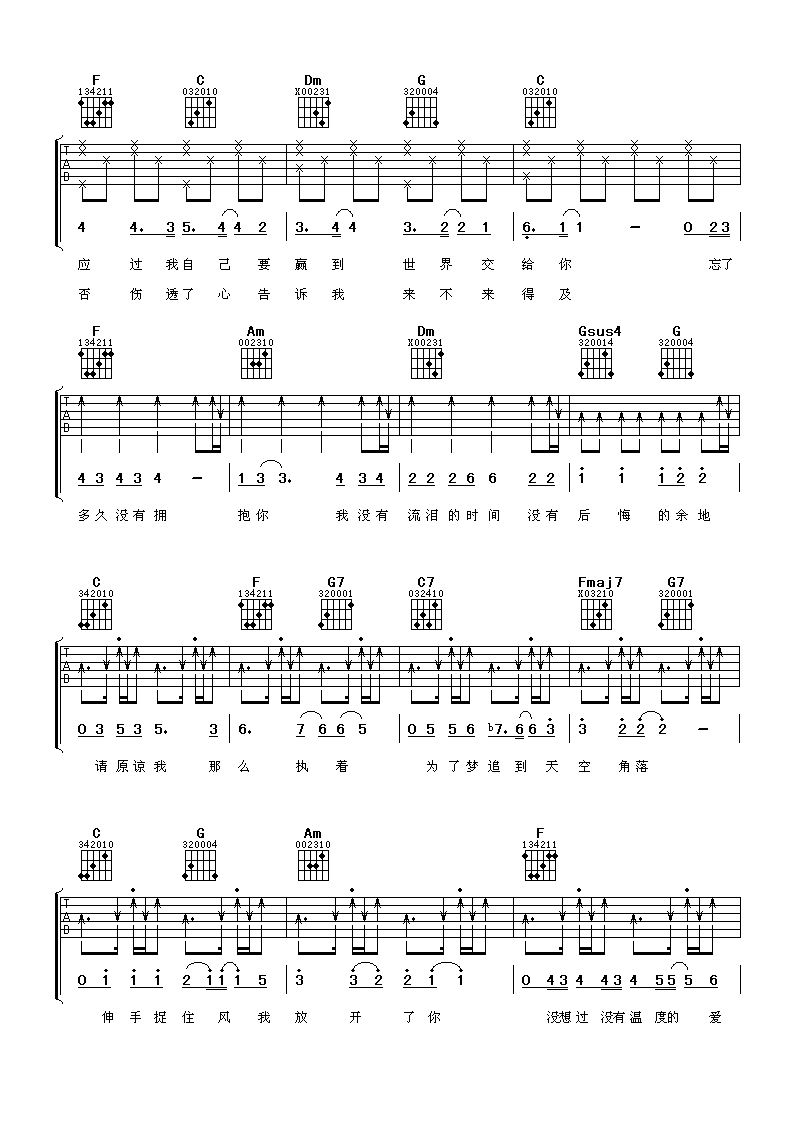 你是我唯一的执着吉他谱 C调_阿潘音乐工场编配_言承旭