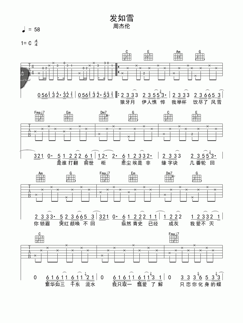 发如雪吉他谱 C调简单版_周杰伦