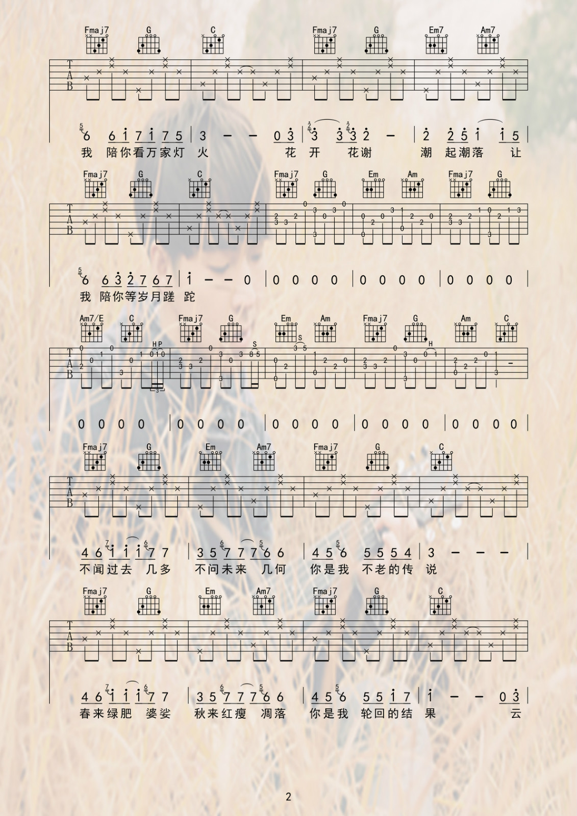 陪你看万家灯火吉他谱 C调六线谱_新梦想编配_夏沙