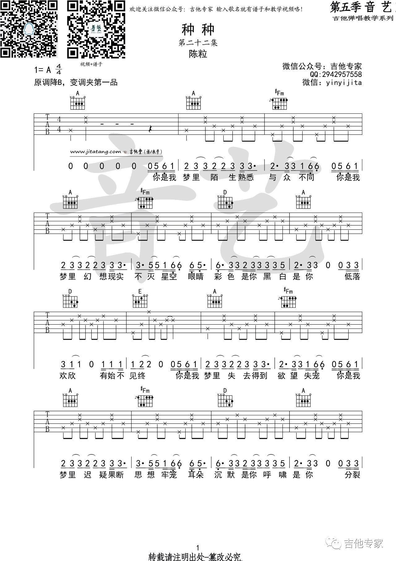 种种吉他谱 A调弹唱谱_音艺吉他专家编配_陈粒