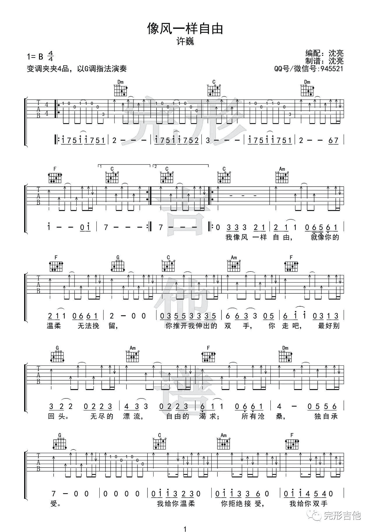 像风一样自由吉他谱 G调扫弦版_完形吉他编配_许巍