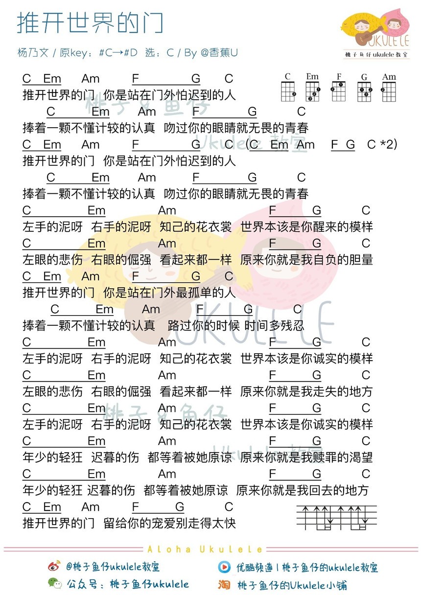 推开世界的门吉他谱 C调和弦谱_桃子鱼仔教室编配_杨乃文