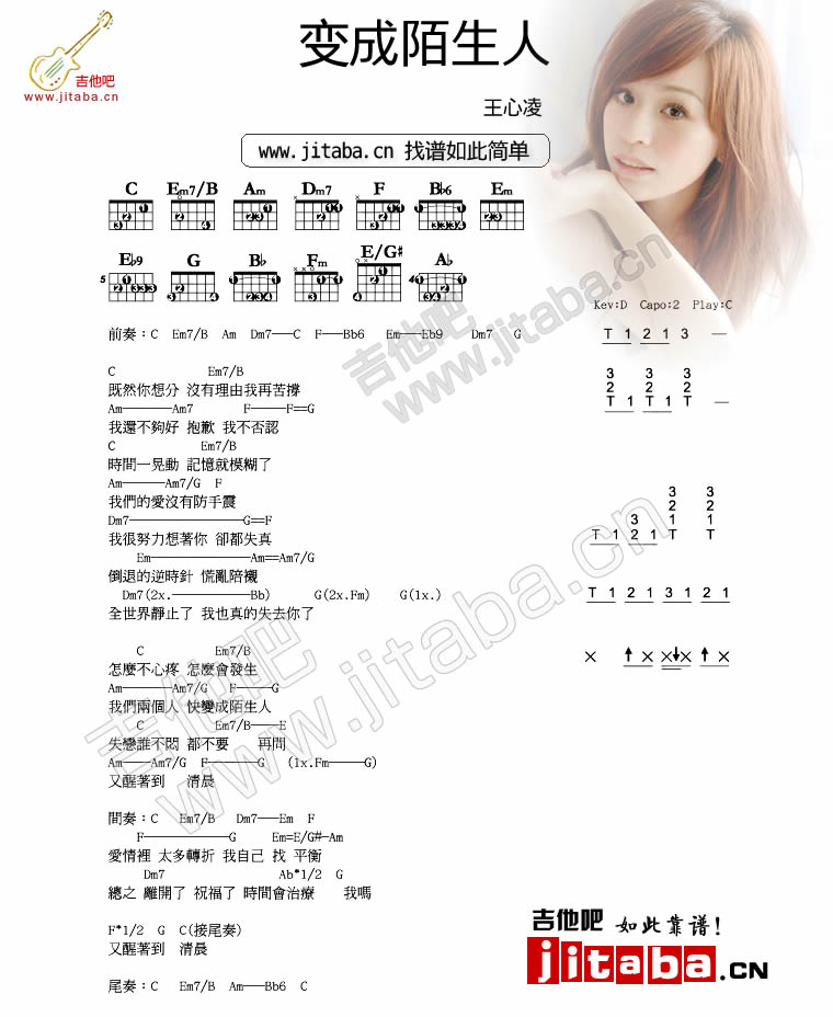 变成陌生人吉他谱 C调简单版_吉他吧编配_王心凌