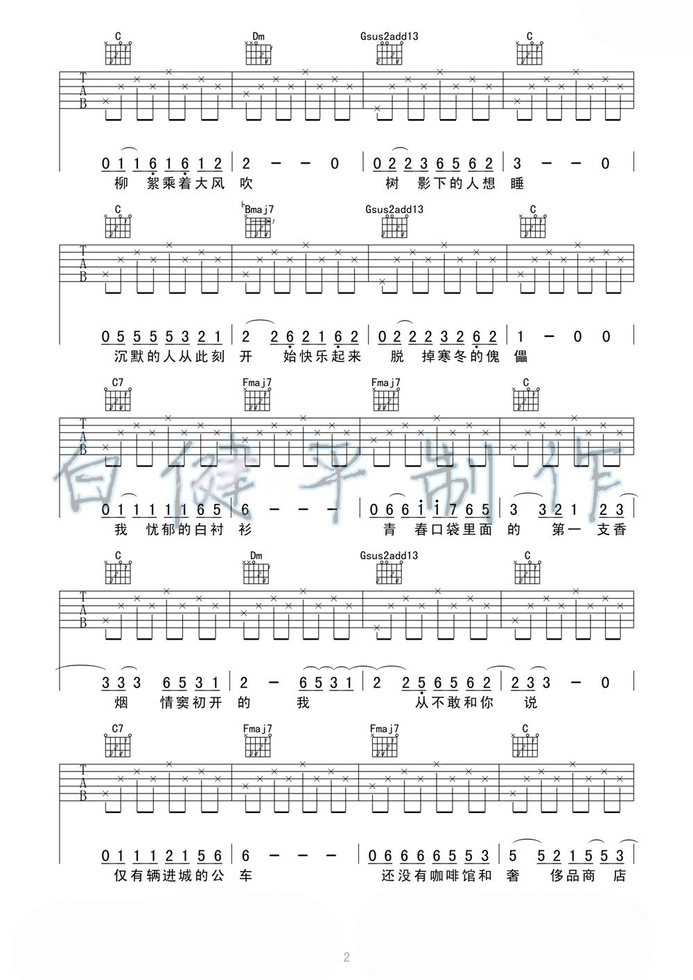 少年锦时吉他谱 D调_白健平编配_张鑫鑫