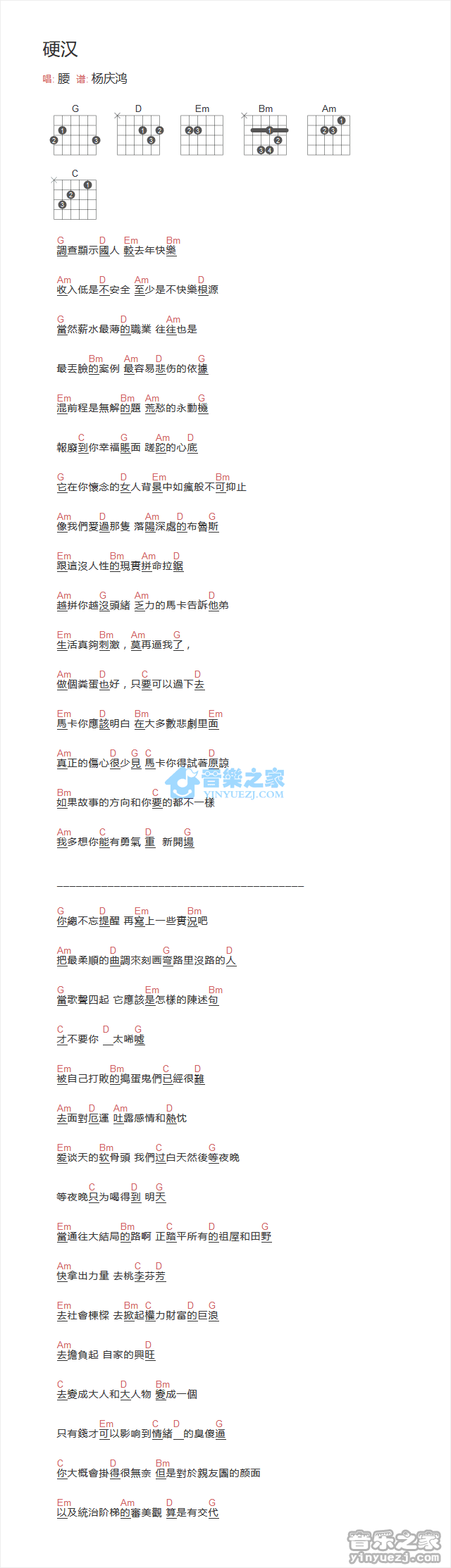 硬汉吉他谱 G调和弦谱_音乐之家编配_腰乐队
