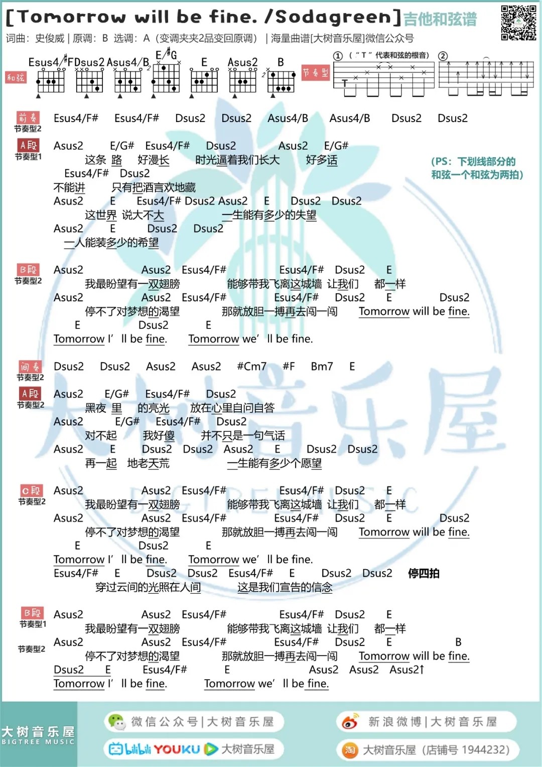 Tomorrow will be fine吉他谱 A调和弦谱_大树音乐屋编配_苏打绿