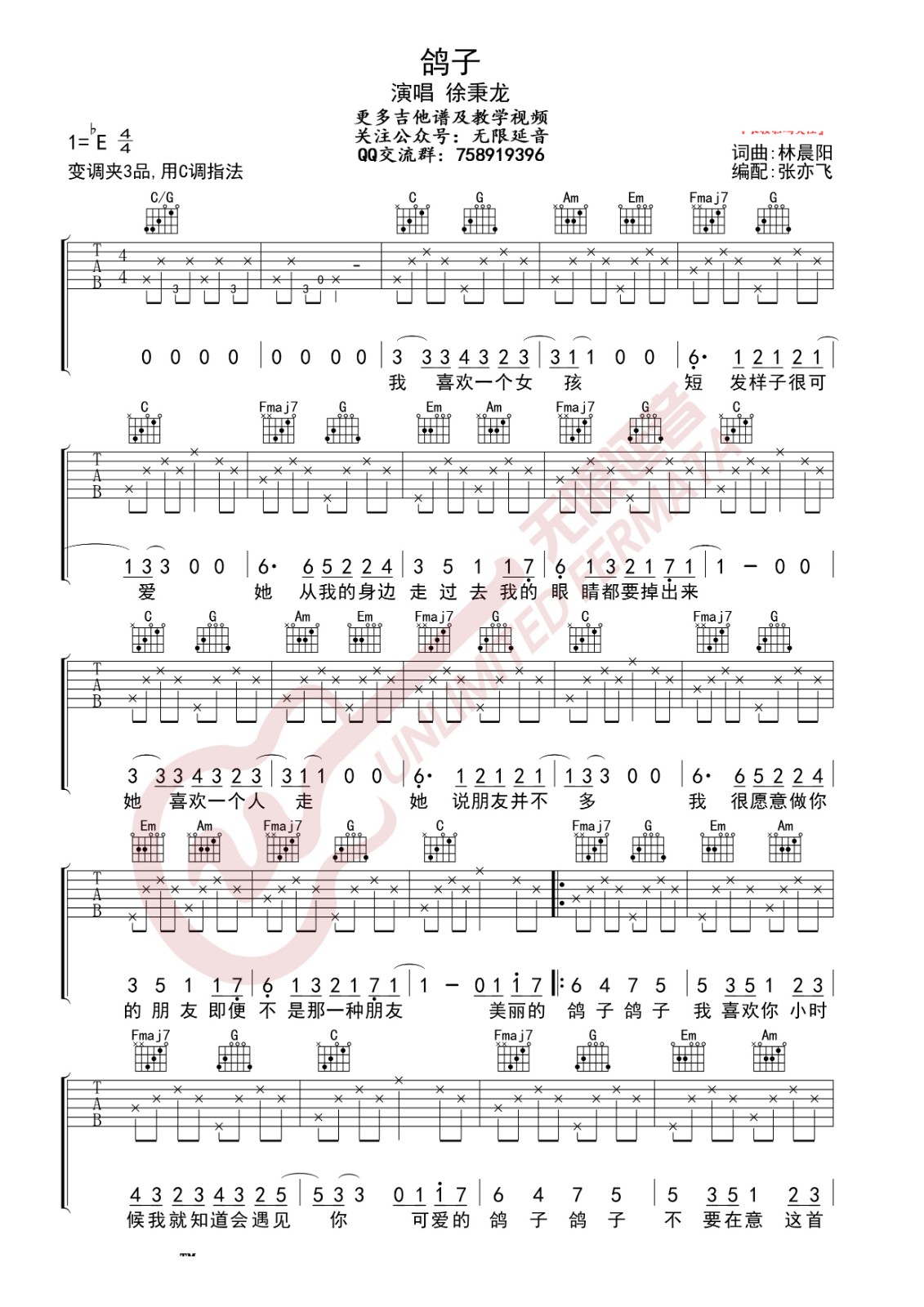 鸽子吉他谱 C调简单版_无限延音编配_徐秉龙