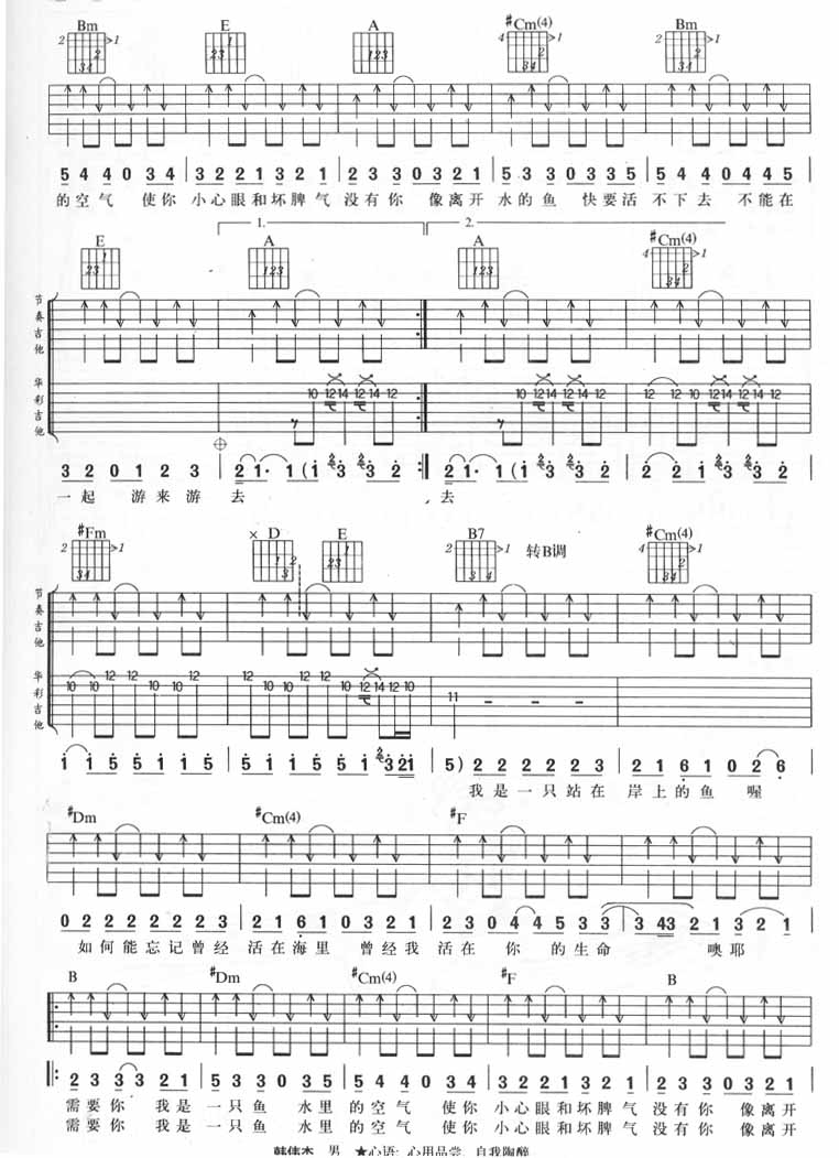 我是一只鱼吉他谱 A调六线谱_风华艺校编配_任贤齐