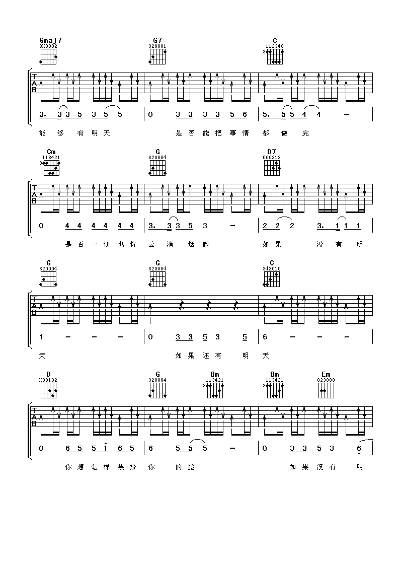 如果还有明天吉他谱 C调六线谱_阿潘音乐工场编配_信乐团