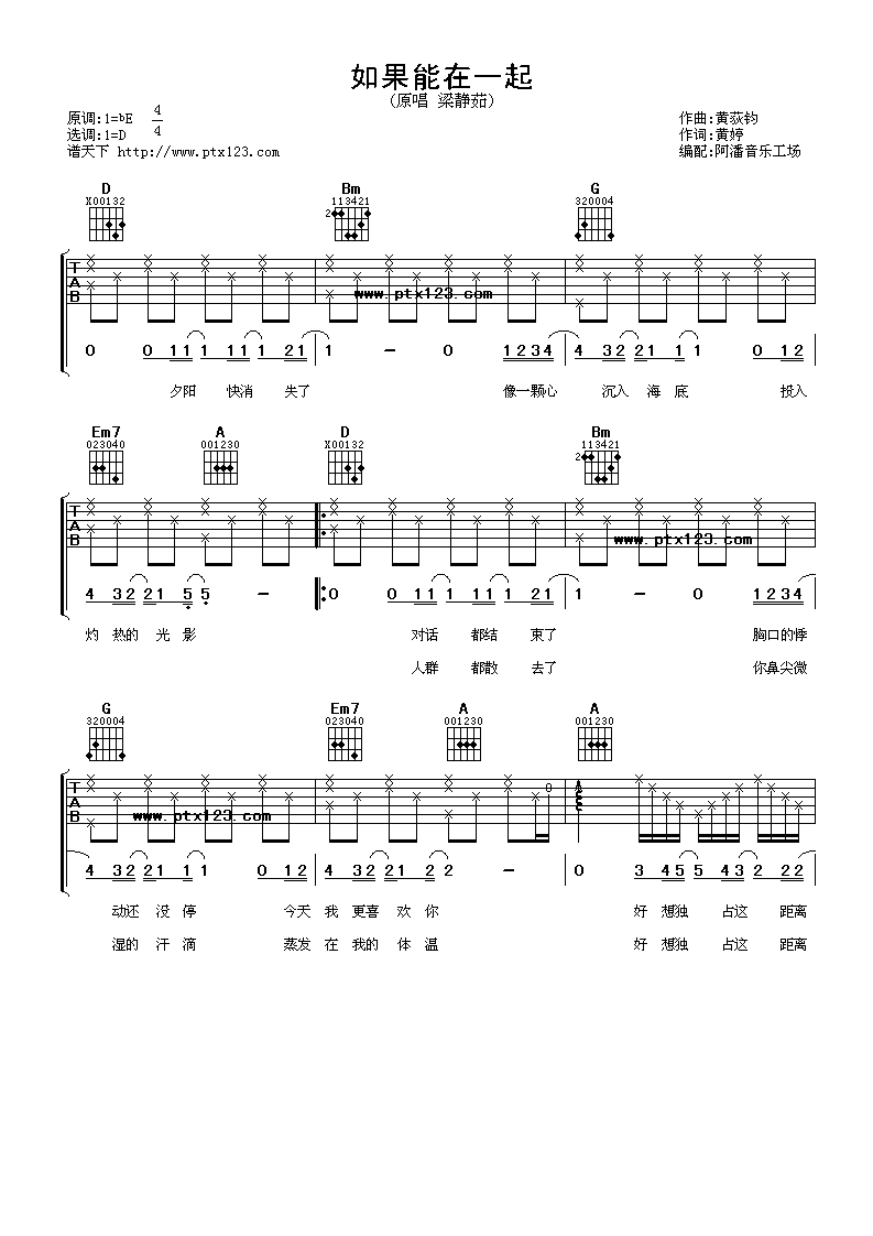 如果能在一起吉他谱 D调女生版_阿潘音乐工场编配_梁静茹