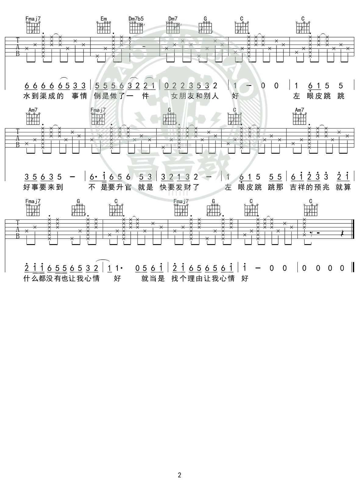 左眼皮跳跳吉他谱 C调高清版_高音教编配_金志文
