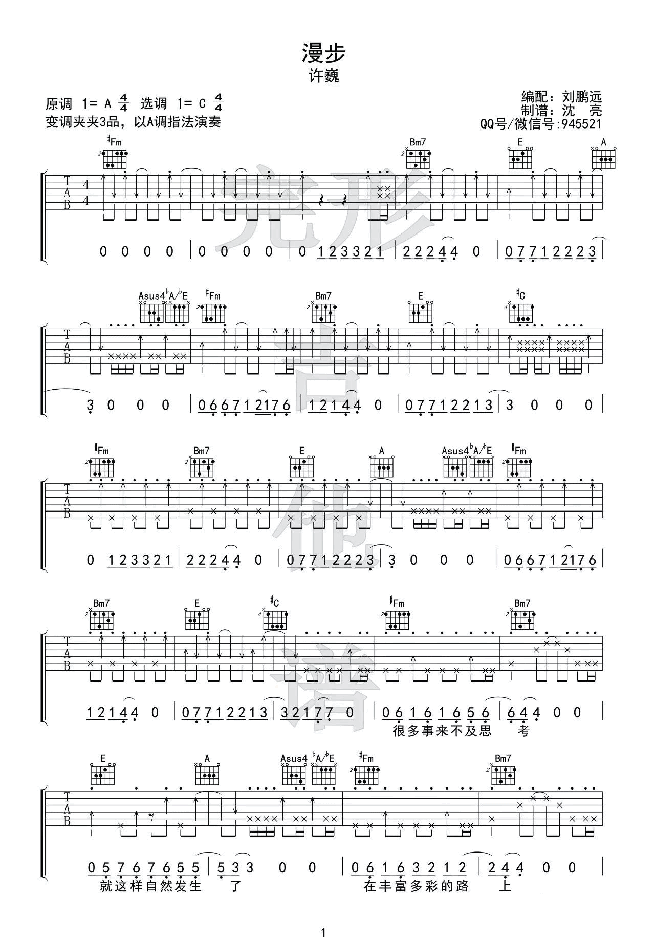 漫步吉他谱 C调附演示_完形吉他编配_许巍