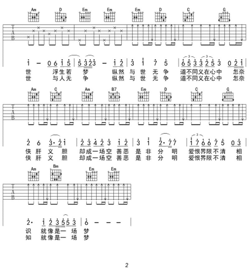 醉梦前尘吉他谱 G调六线谱_简单版_林志炫