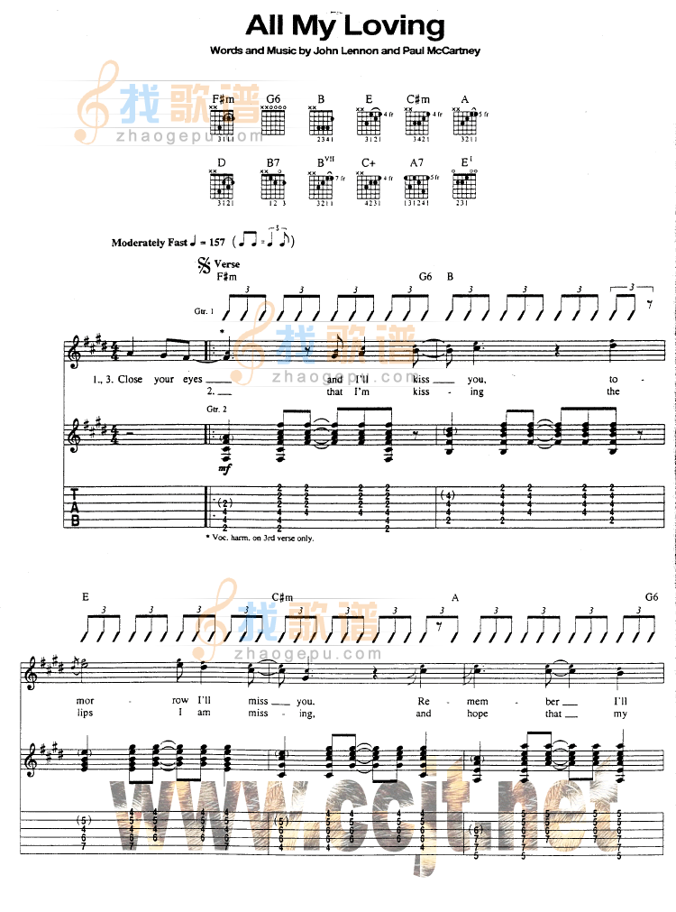 All My Loving吉他谱 F调六线谱_找歌谱编配_Wayne Gratz