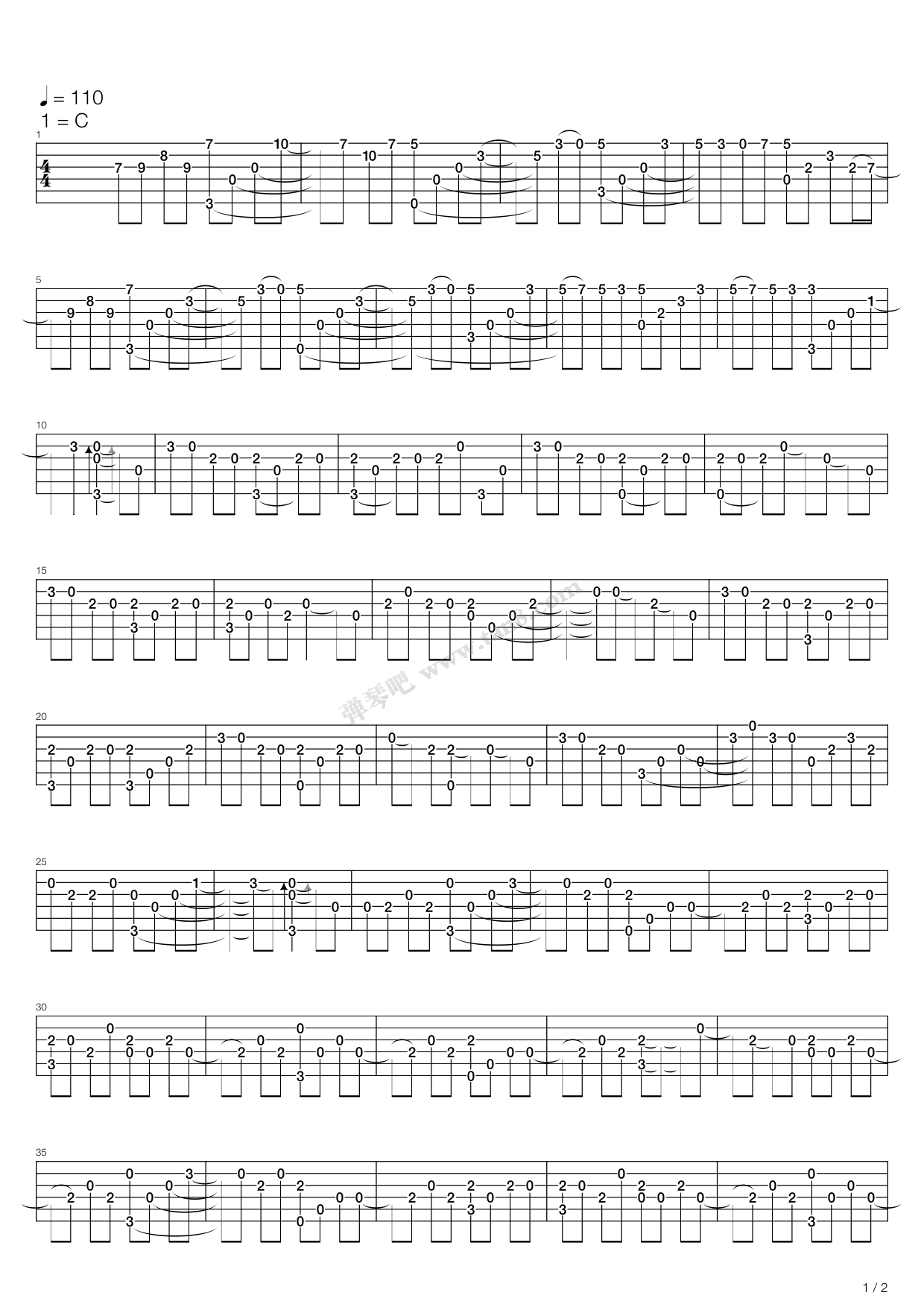 青石港指弹谱 C调高清版_弹琴吧编配_魏琮霏