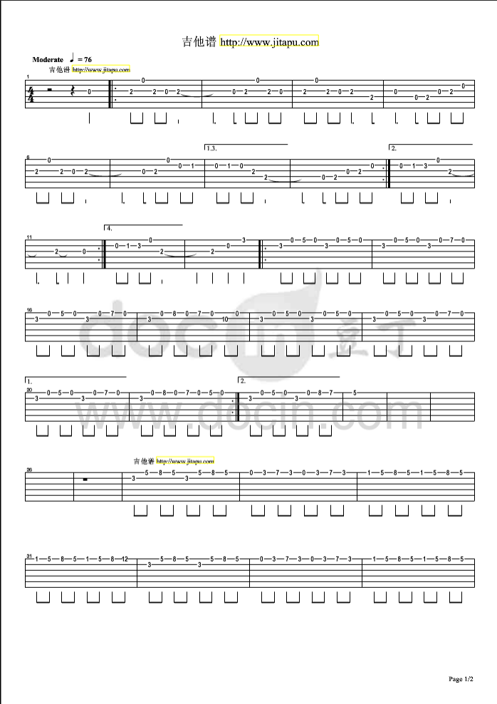 潮鸣指弹谱 原调六线谱_豆丁网编配_折戸伸治