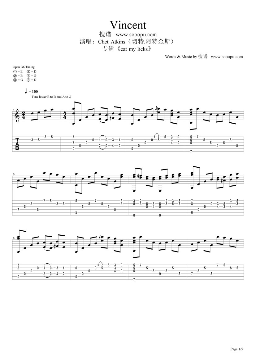 vincent指弹谱 原调六线谱_搜谱网编配_Chet Atkins