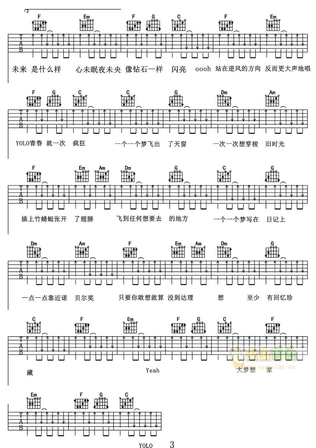 大梦想家吉他谱 C调扫弦版_虫虫吉他编配_TFBOYS