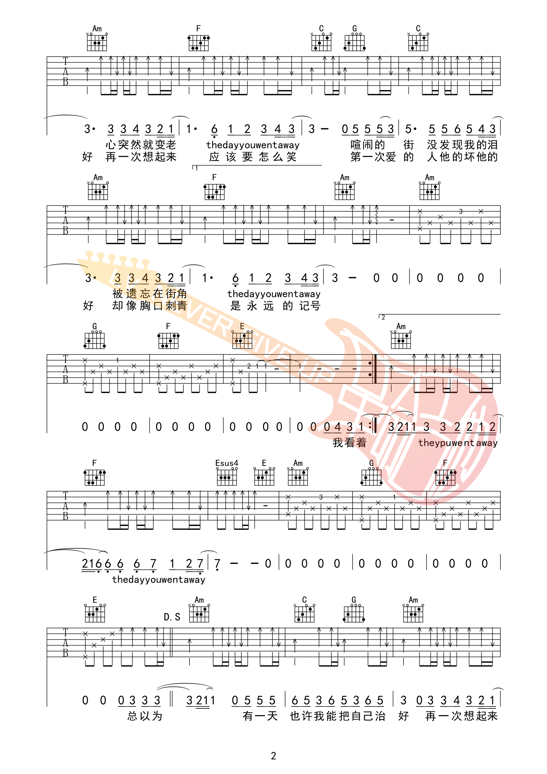 第一次爱的人吉他谱_王心凌C调 革命吉他版