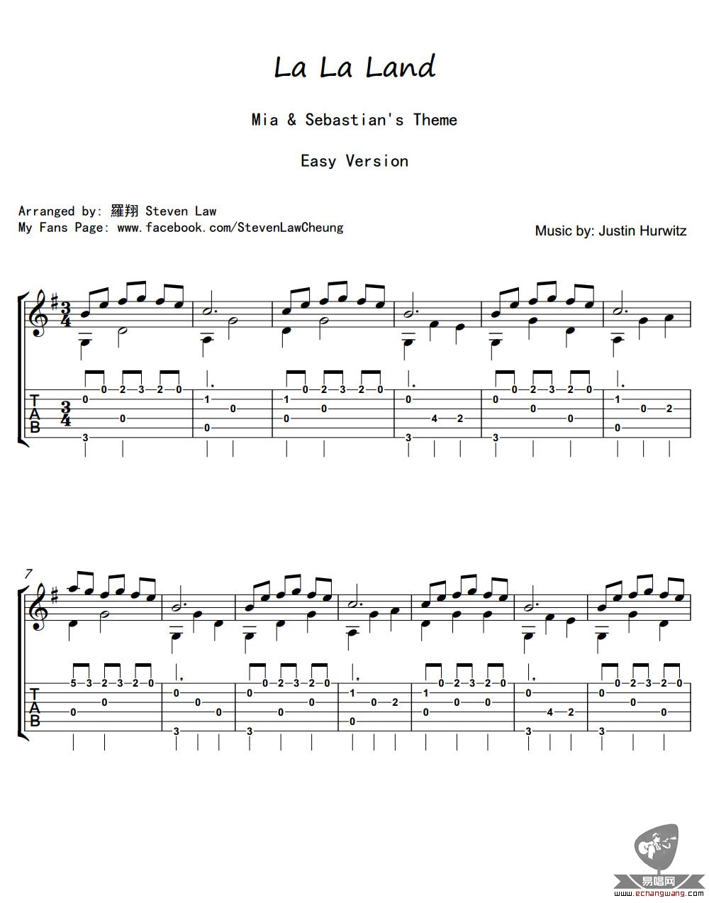 爱乐之城指弹谱 原调六线谱_易唱网编配_罗翔