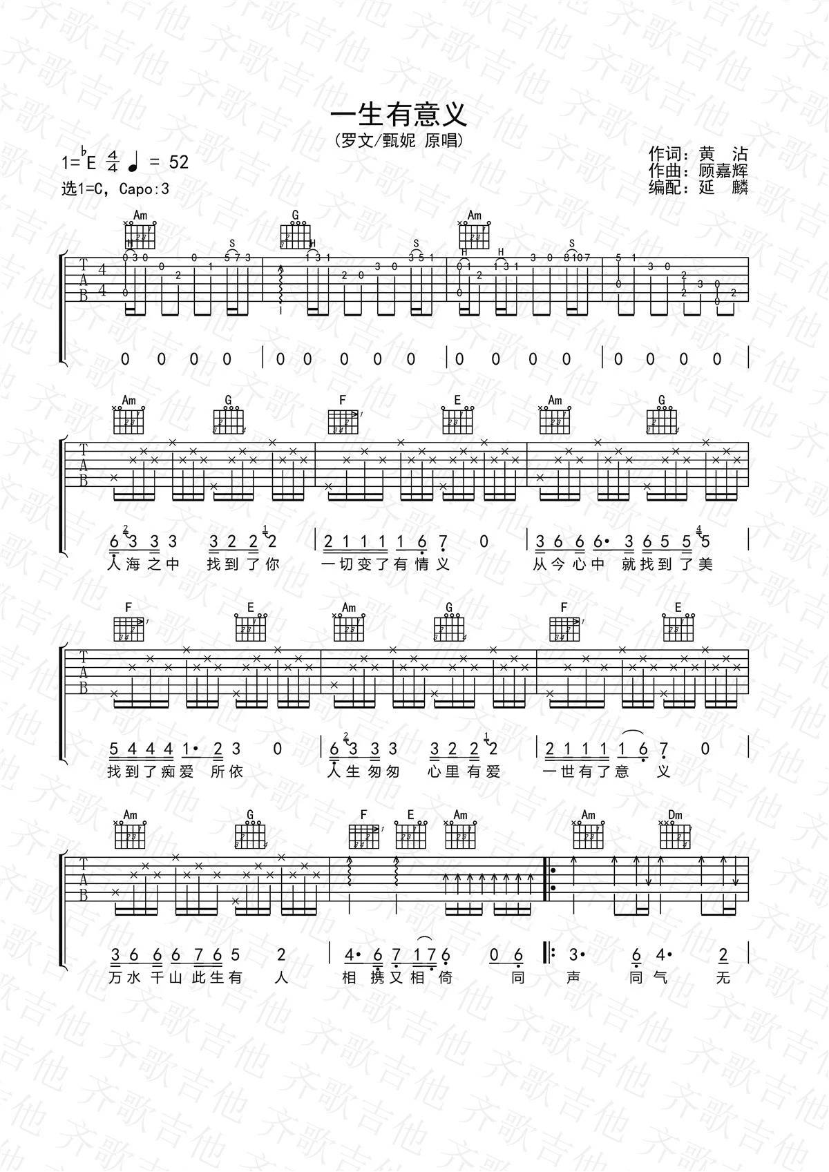一生有意义吉他谱 C调_齐歌吉他编配_甄妮