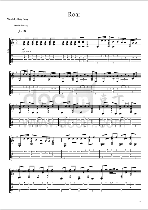 roar指弹谱 原调六线谱_豆丁网编配_Katy Perry