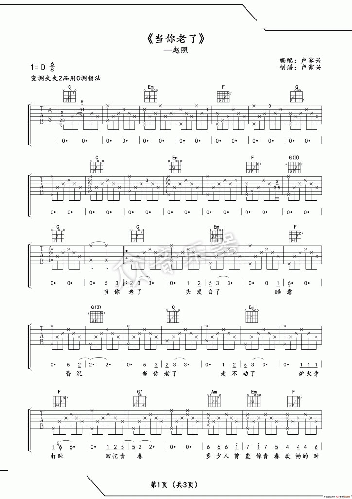 当你老了吉他谱 C调_卢家兴编配_赵照