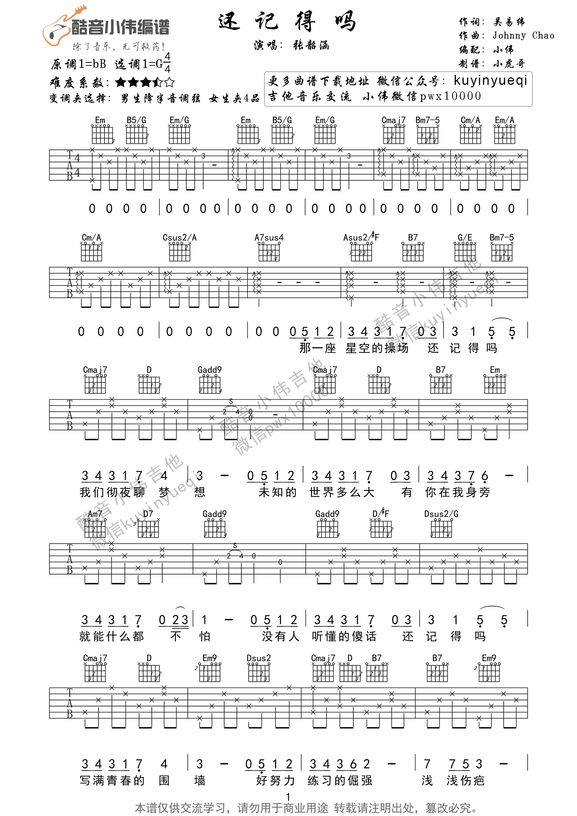 还记得吗吉他谱 G调精选版_配音小伟吉他编配_张韶涵