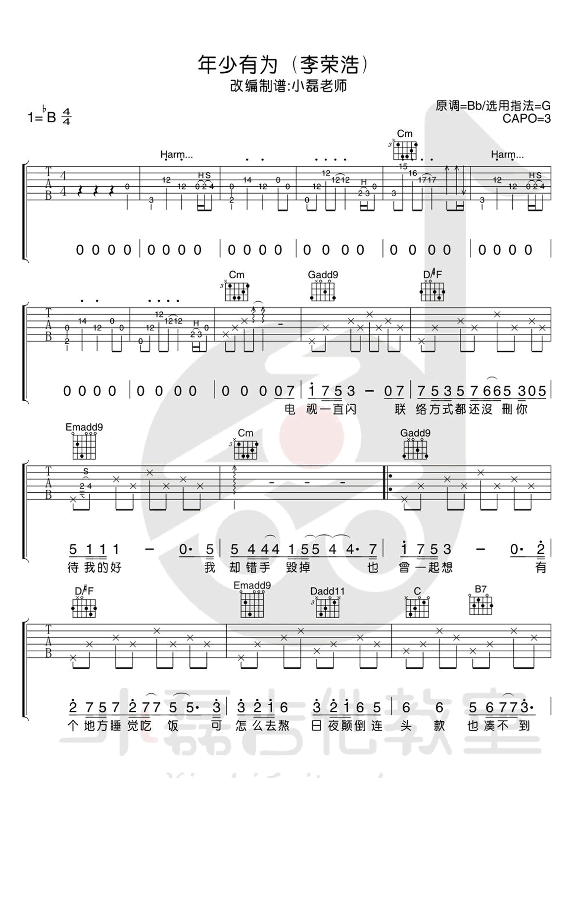 年少有为吉他谱 G调简单版_小磊吉他编配_李荣浩