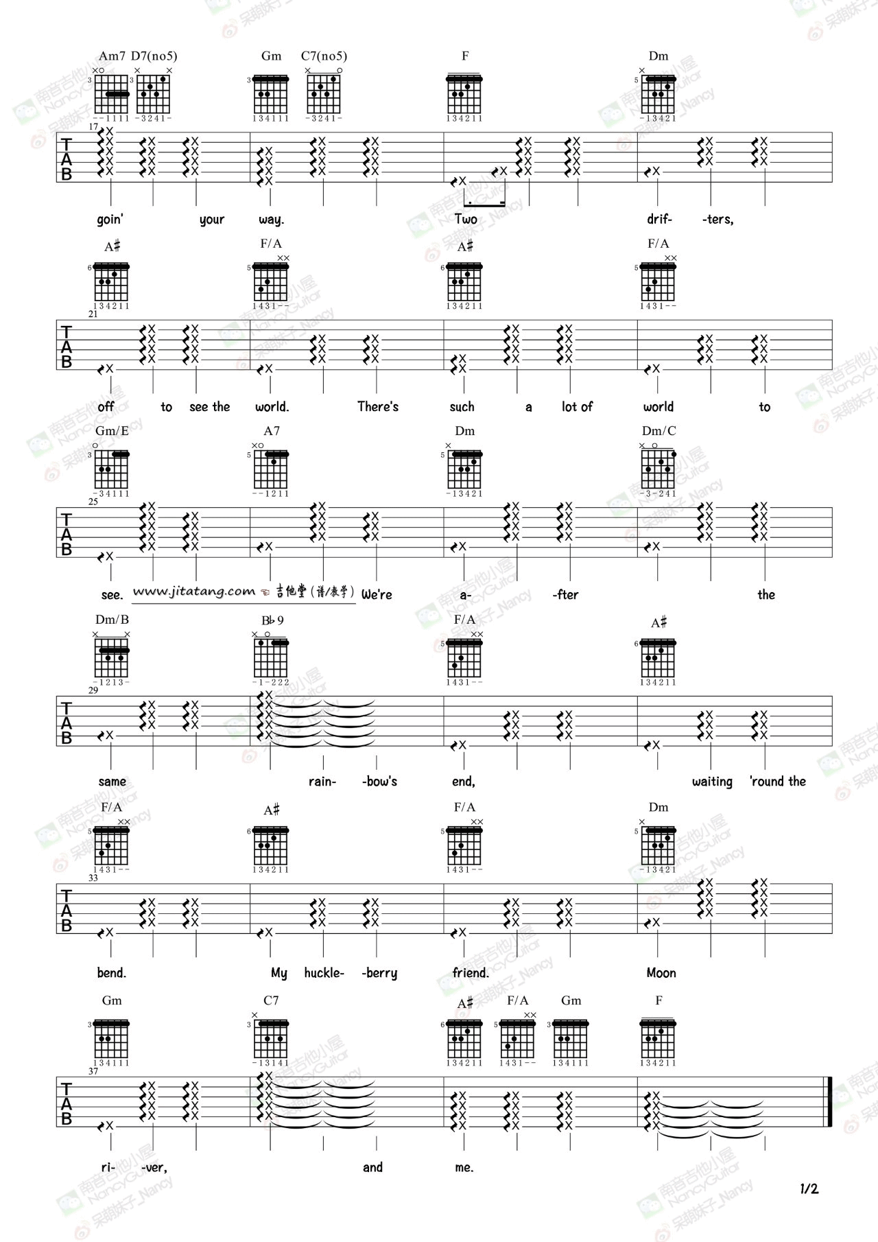 月亮河吉他谱 F调_南音吉他小屋编配_Audrey Hepburn