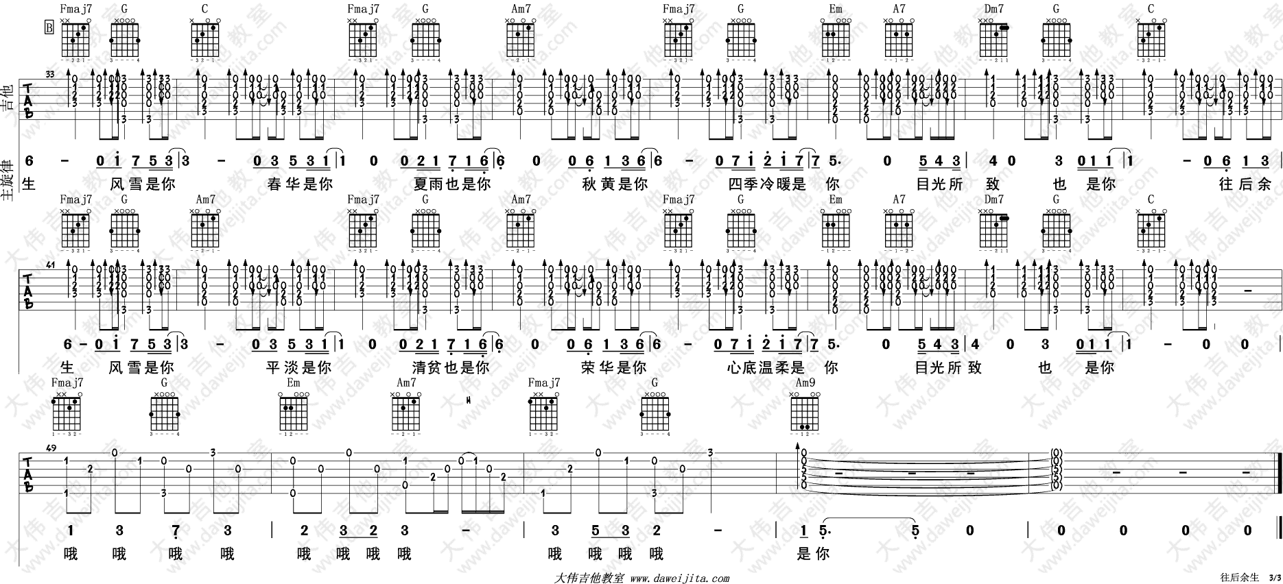 往后余生吉他谱 C调附教程_大伟吉他教室编配_马良