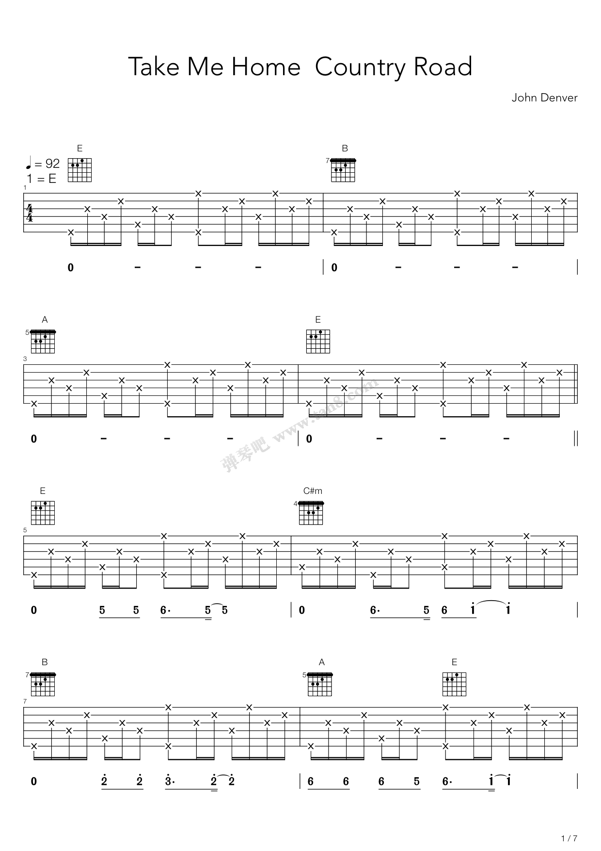 乡村路带我回家吉他谱 E调六线谱_弹吧编配_John Denver