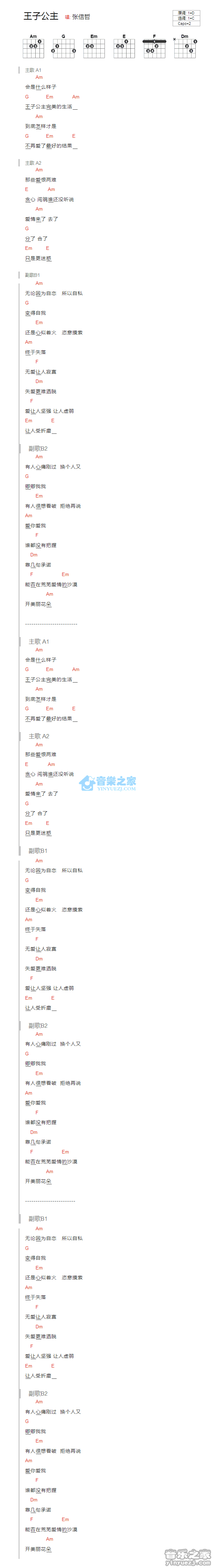 王子公主吉他谱 C调和弦谱_音乐之家编配_薛之谦