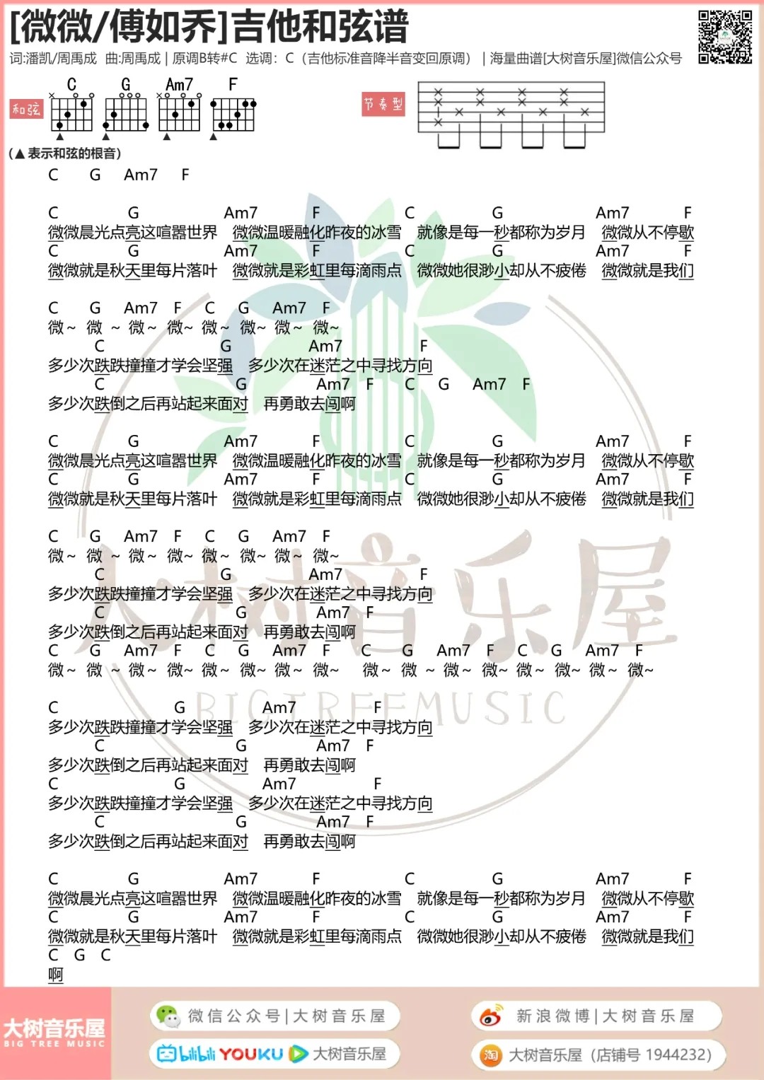 青春有你2吉他谱 C调和弦谱_大树音乐屋编配_傅如乔