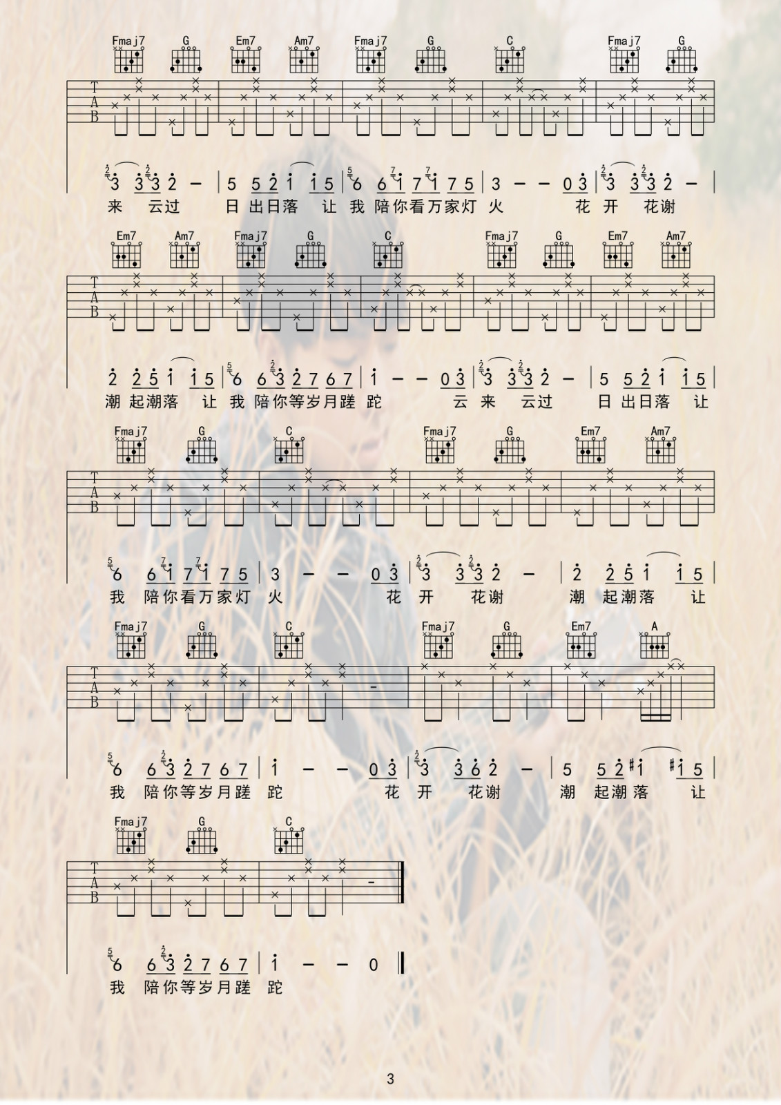 陪你看万家灯火吉他谱 C调六线谱_新梦想编配_夏沙
